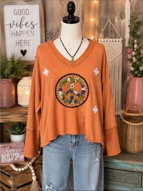 POL Rust Orange Embroidered V-Neck Pullover